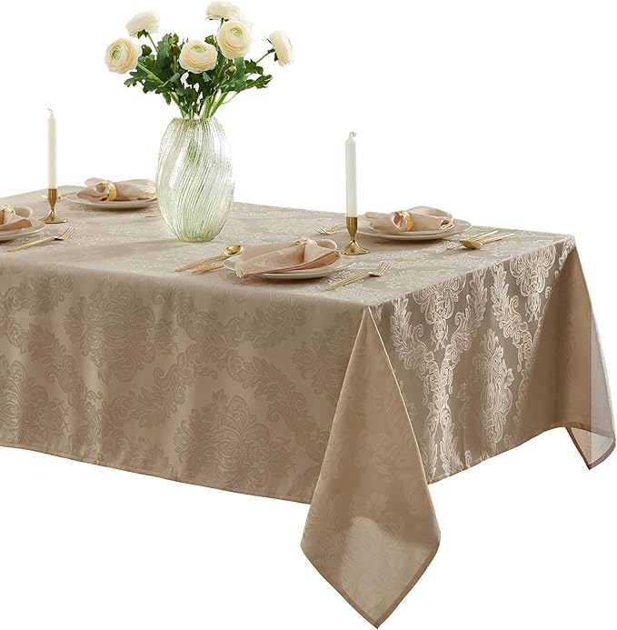 Newbridge Barcelona Luxury Damask Fabric Tablecloth, 52” Wide x 70” Rectangle, Golden Beige, 100% Polyester, No Iron, Soil Resistant Dining Room, Party and Banquet Table Cover