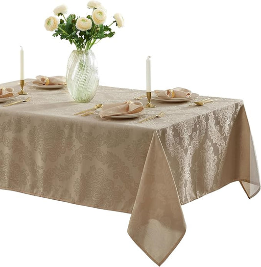 Newbridge Barcelona Luxury Damask Fabric Tablecloth, 52” Wide x 52” Square, Golden Beige, 100% Polyester, No Iron, Soil Resistant Dining Room, Party and Banquet Table Cover