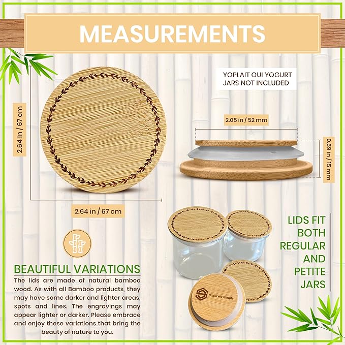 Oui Yogurt Jar Lids – Choose a Design, 4-24 pieces, Bamboo, Silicone, or Stainless Steel | Airtight Tops That Fit Yoplait Glass Jars | Oui Jar Covers |Lids for Yogurt Jars | Leaves Ring – 4 Pack