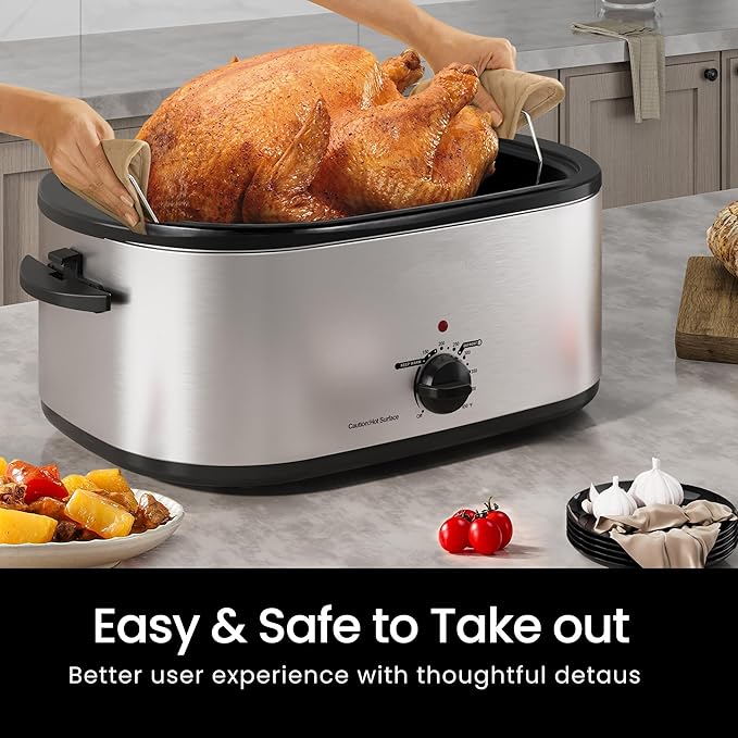 18Qt Turkey Roaster Oven Buffet with Self-Basting Lid, 1450W Electric Roaster Pan with Cool-Touch Handles, Stainless Steel Roaster Oven with Removable Pan and Rack, Silver