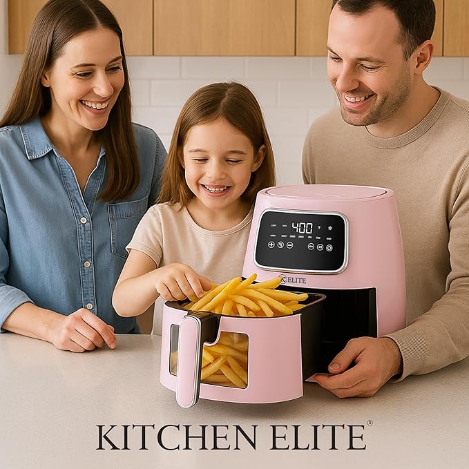 Kitchen Elite 5.5 Qt. Digital Air Fryer, Countertop Cooker with LED Screen, Presets for Air Fry, Roast, Dehydrate, Defrost and Reheat, Pink