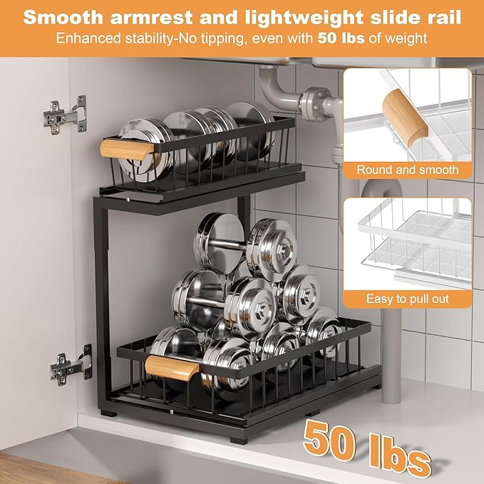 Under Sink Organizer, 2 Tier Under Sink Organizers and Storage, Slide Out Pull Out Cabinet Organizer Shelf, Metal Sliding Drawer for Kitchen Bathroom Pantry Cabinet Closet Organization Rack