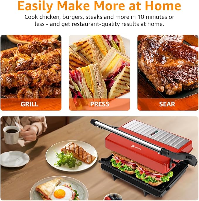 Panini Press Grill, Aigostar 1000W Sandwich Maker with Ceramic Non-stick Plates, Opens 180 Degrees for Any Size Food, 3-in-1 Sandwich Press Electric Grill, Drip Spout & Locking Lid, Red
