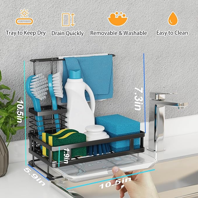 Godboat Kitchen Sink Organizer with Brush Rack, 304 Stainless Steel Dish Soap Dispenser, Sponge Holder for Kitchen Sink, Sink Caddy with Drain-Pan, Cool Kitchen Gadgets & Gifts for Women, Christmas