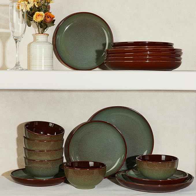 32 Piece Double Bowl Dinnerware Sets with Pasta Bowls, Highly Chip and Crack Resistant Plates and Bowls Sets, Natural Earthyware Ceramic Dishware Sets, Service for 8 Sage Green