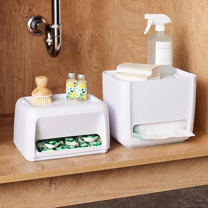 YouCopia SinkSuite Bag & Pod Dispenser, Standing Garbage Bag and Dishwasher Pod Organizer with Removable Lids for Storage, Speckled White