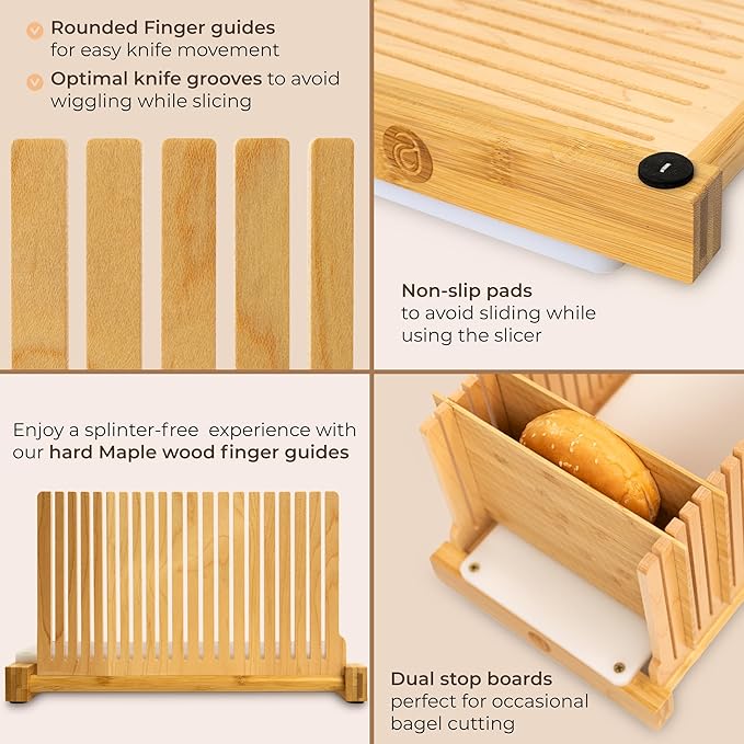 ABIOTO Bread Slicer for Homemade Bread - No Splinter with HDPE Base & Maple Finger - 4 Different Thicknesses for Uniform & Consistent Slices - Foldable Bread Cutter with Optimal Knife Grooves