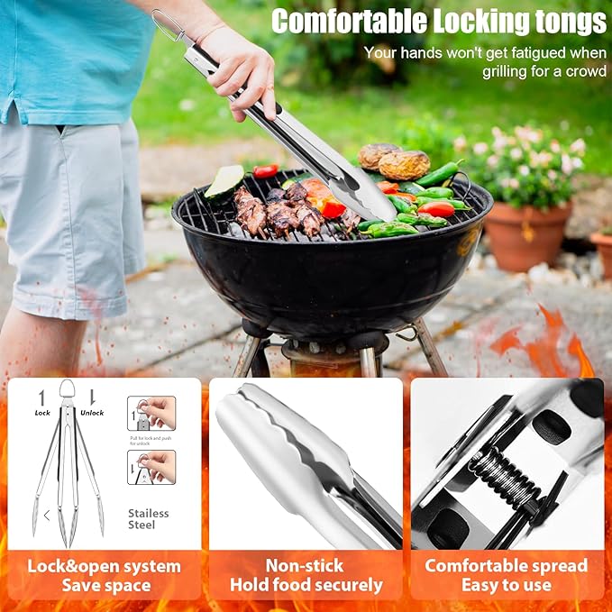 31pcs BBQ Grill Accessories Set for Men Dad, Heavy Duty Grilling Tools Gifts for Christmas, Stainless Steel BBQ Utensils Kit with Mats, Grill Brush in Carrying Bag Black