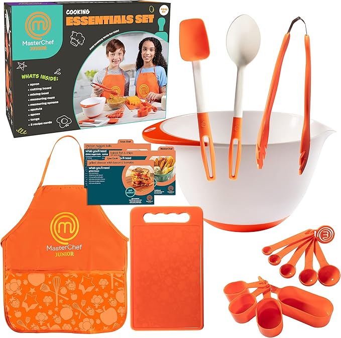 MasterChef Junior Cooking Essentials Set - 9 Pc. Kit Includes Recipes, Apron, Cutting Board, Mixing Bowl, Measure Cups, Spoons, Homemade Holiday Gifts