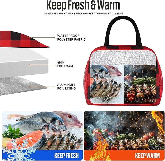 douyadady Lunch Bag Women/Men Lunch Box Women/Men (Red+Black Blocks)