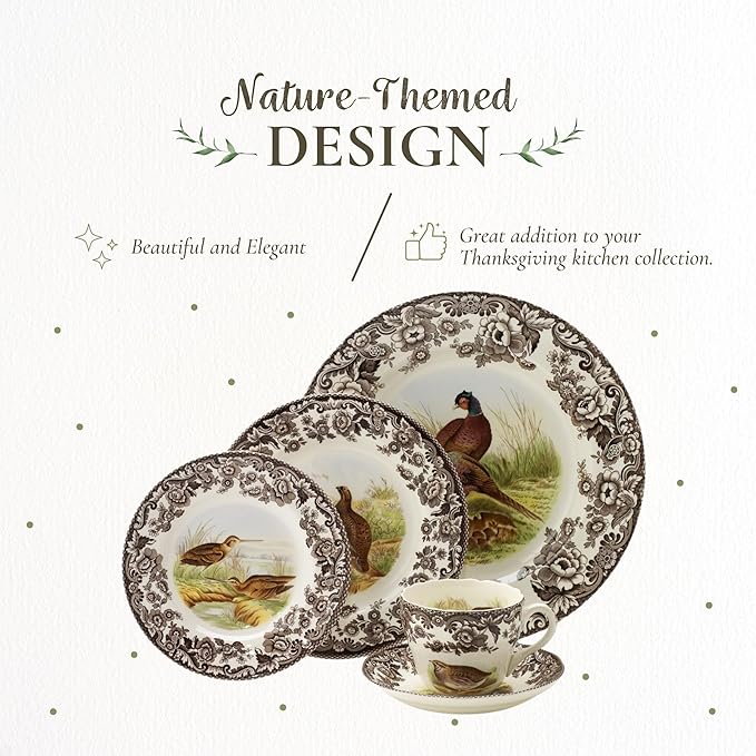Spode Woodland 5-Piece Thanksgiving Dinnerware Set - Porcelain Plates & Teacup and Saucer, Fall Dinnerware Collection - Microwave & Dishwasher Safe - Elegant Autumn Tableware
