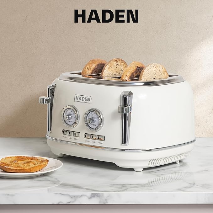 Haden Dorset 4 Slice Wide Slot Stainless Steel Toaster with Adjustable Browning Control & Non-Slip Feet, Ivory & Chrome
