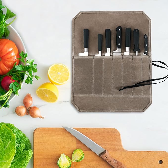 Chef’s Knife Roll Case, Waxed Canvas Cutlery Knives Holders Protectors, Home Kitchen Cooking Tools And Utensils Wrap Bag Wallet, Multi-Purpose Brush Roll Bag, Travel Tool Roll Pouch