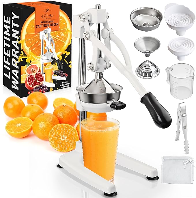 Zulay Kitchen Pulperizer 9 in 1 Cast Iron Juicer - Easy-to-Clean Heavy-Duty Manual Juicer with Presser Attachment to Juice All Types of Fruits! Extra Tall with Stainless Steel Bowl - White