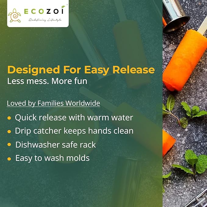 Ecozoi Stainless Steel Popsicle Molds, 6 Metal Ice Popsicle Makers, 30 Reusable Bamboo Sticks, 12 Silicone Seals and 1 Rack, Eco Popsicle Molds for Kids and Adults, 3 oz Per Mold (Round)