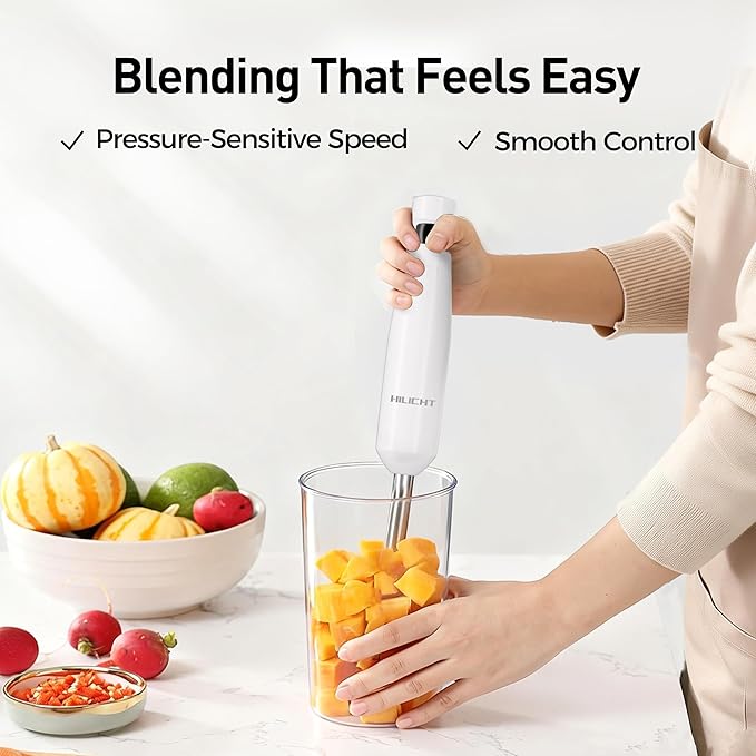 Cordless Immersion Hand Blender (Stick Blender) – Smooth, Controlled Blending for Everyday Cooking, 12V Brushless Motor, Pressure-Sensitive Variable Speed, USB-C Rechargeable, Easy-Clean (White)