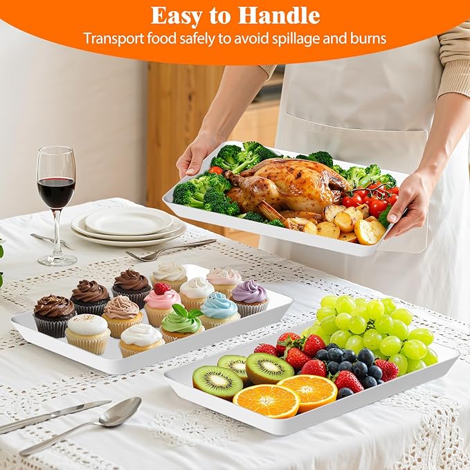 SpaceTrove 10-Pack Serving Tray Set, Reusable Plastic Serving Platter for Party Supplies, Entertaining, Grilling Accessories, Stackable Kitchen Snack Box Container for Dessert, Fruit, Cookie, (White)