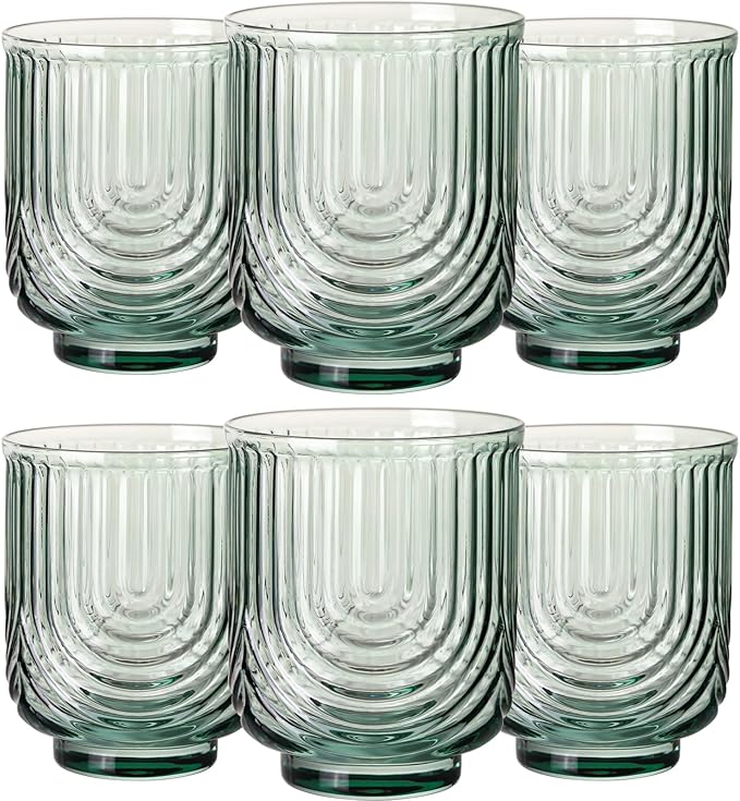 JOVGANK Green Vintage Glassware Set of 6-14Oz Green Water Drinking Glass, Art Deco Ripple Highball Glass, Whiskey Cocktail Glasses, for Bar Ice Coffee Juice, Housewarming Gifts and Mother's Day Gift