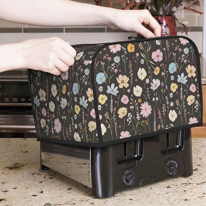 Toaster Cover 4 Slice Vintage Flower Botanical Leaf Kitchen Small Appliance Covers with Pockets Dust and Fingerprint Protection