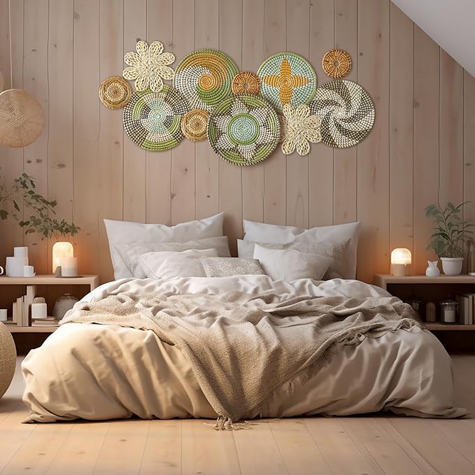 Tatuo 11 Pcs Boho Wall Basket Decor Bulrush Woven Wall Hanging Art Round Farmhouse Rustic Handmade Wicker for Summer Home, Bedroom, Living Room, Kitchen Decorations, Multi Sizes(Stylish)