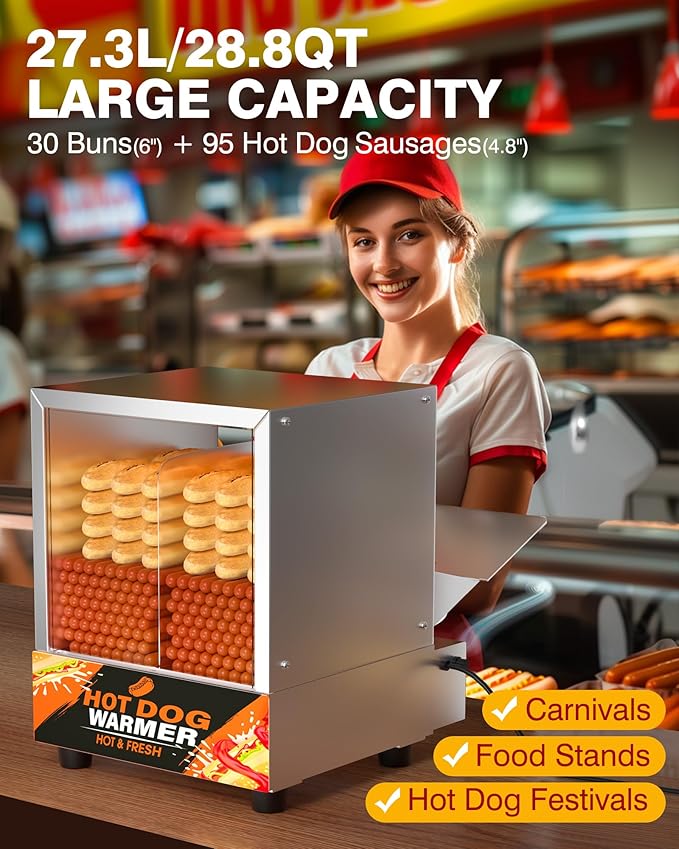 WantJoin Hot Dog Steamer Machine - 28.8QT Commercial Electric Stainless Steel Hotdog Machine with Bun Warmer Tempered Glass Steamer Machine for 160-175 Sausages and 30-40 Buns