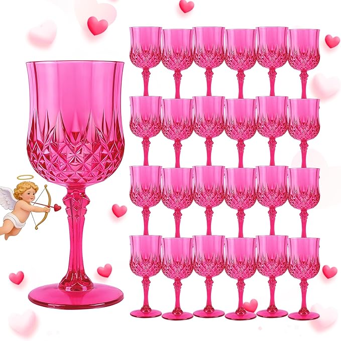 Plastic Wine Glasses, Plastic Goblets Vintage Style Cordial Unbreakable Drinking Glasses, Reusable Drinkware for Wedding Reception, Grand Event Party Supplies, Mother's Day (24, Hot Pink)