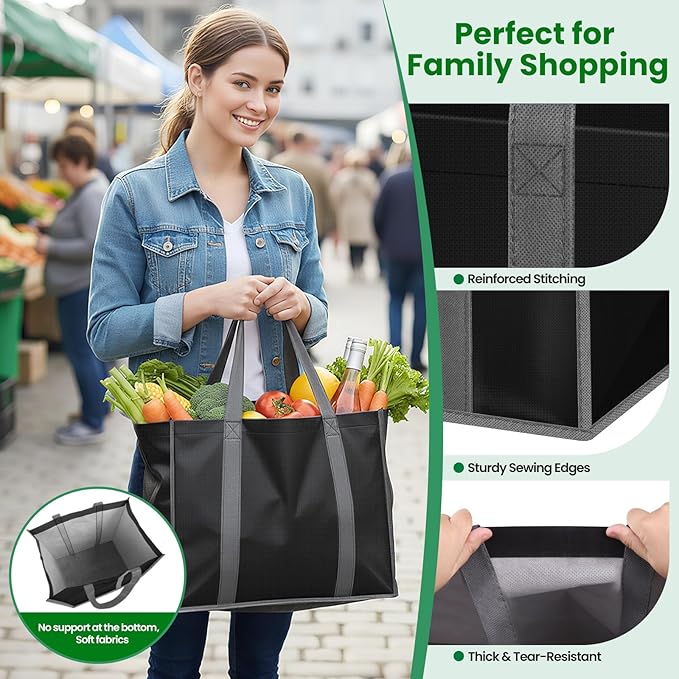 SpaceWhisper Reusable Grocery Bags with Long Handles [8 Pack] - Multipurpose Large Shopping Bags for Groceries, Foldable Grocery Totes Resist Water & Stains for Kitchen, Car Trunk, Picnic (Black)