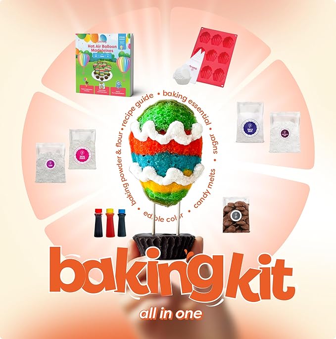 Hot Air Balloon Madeleines Kids Baking Kit STEM Learning Activity Pre-Measured Ingredients Silicone Madeleine Mold Colorful Batter & Icing Decorating Set Educational Recipe Book for Fun Family Baking