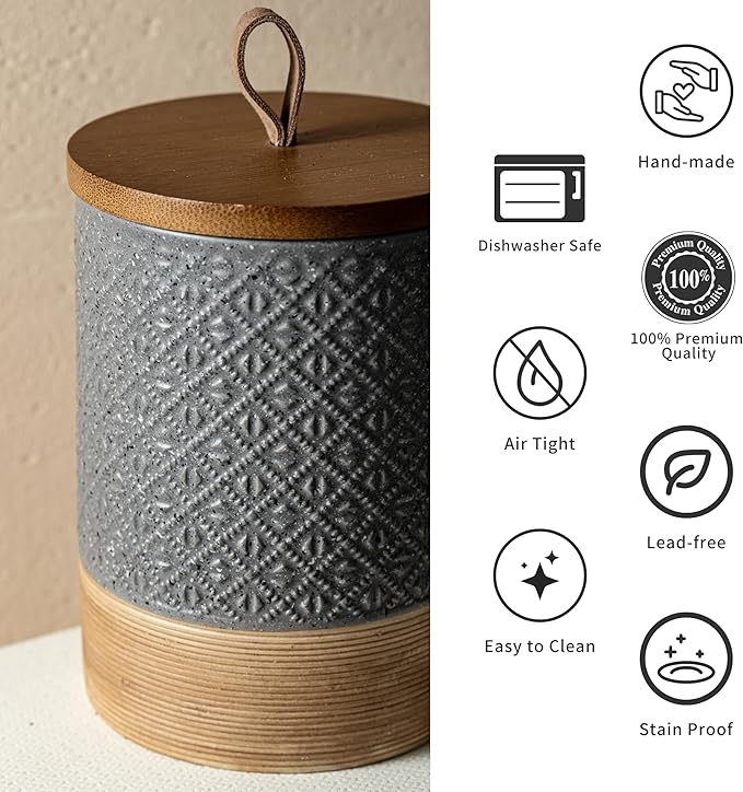 Miamolo Ceramic Spice Jars with Lids, Coffee Canister with Airtight Lid, Small Kitchen Food Storage Jars for Spice Sugar Tea Bag, Stackable Decor Kitchen Jar for Counter - Gray & 20 fl.oz