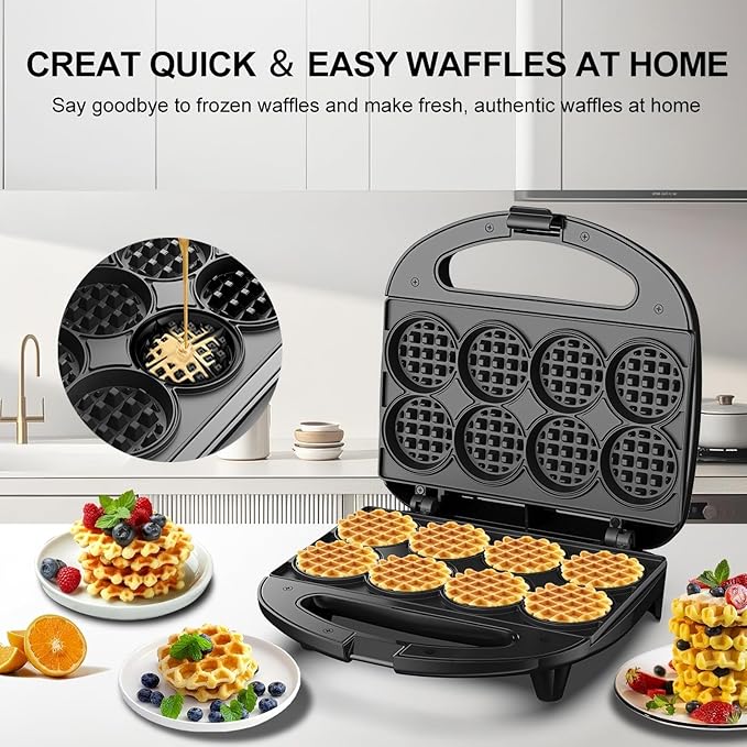 Mini Waffle Maker, Small Waffle Iron with Quick Heat-Up, Makes 8 x 2” Tiny Waffle Bites for Kids, Locking Buckle & Cool Touch Handle, Nonstick Plates, Perfect for Breakfast, Brunch, Desserts & Snacks