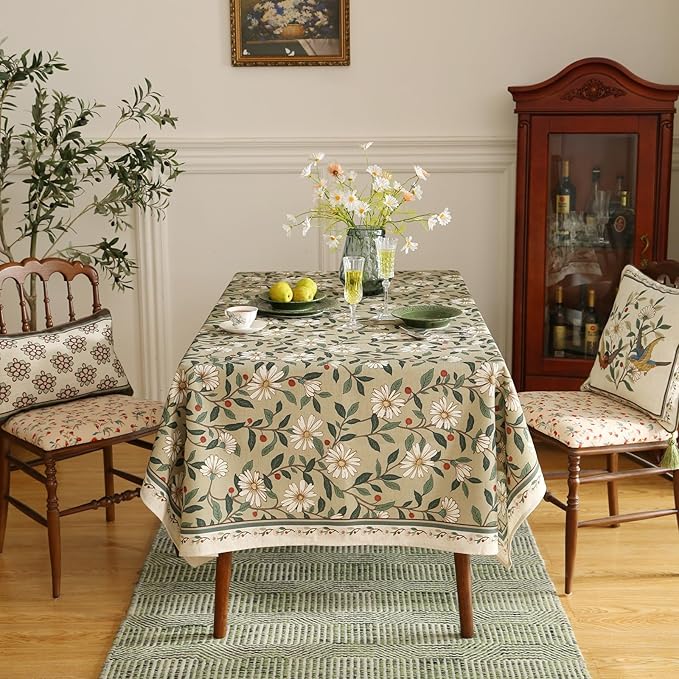 ISAENNE Designer Green Linen Small Rectangular Tablecloth,Floral French Country Indoor Table Cloth,Stain Resistant Home Decor Tablecloths for Dining Kitchen Thanksgiving Party,55"*71"-Brune