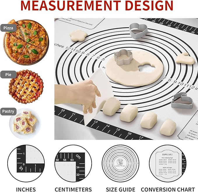 Non-stick Pastry Mat, Silicone Baking Mat with Measurement, Extra Large Silicone Mat for Baking Cookie Pie Bread Pizza Oven Reusable & Dishwasher Safe