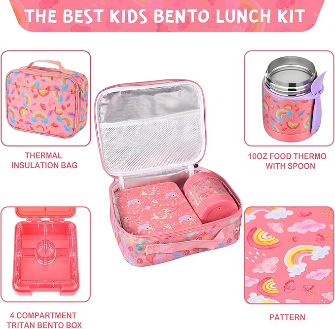 Pawtong Bento Lunch Box Set With 10oz Soup Thermo, Leak-proof Lunch Containers with 4 Compartment, Kids Hot Thermo Food Jar/Insulation Lunch Bag, Food Containers for School（Rainbow）
