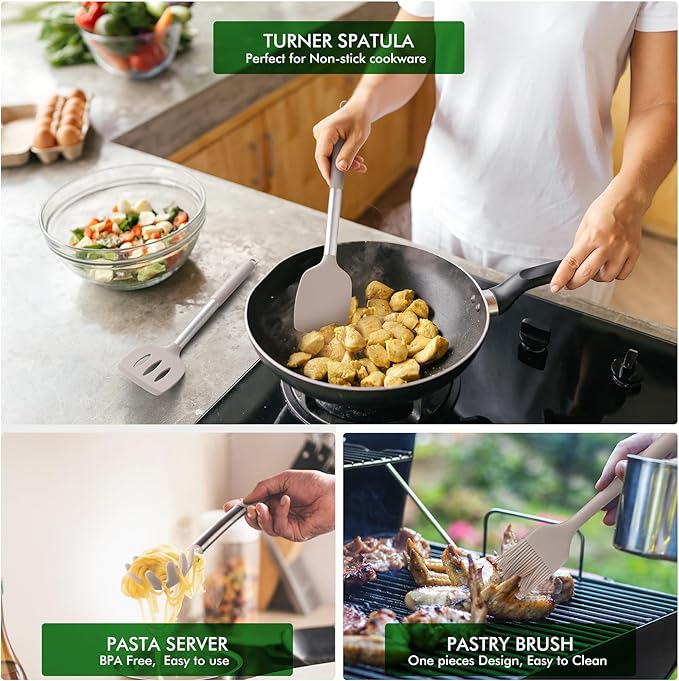 HOTEC 446°F Heat Resistant Silicone Kitchen Utensils, Cooking Utensil Set, Spatula Set, BPA Free, Kitchen Gadgets, With Stainless Steel Utensils Holder, Dishwasher Safe 14pcs Khaki