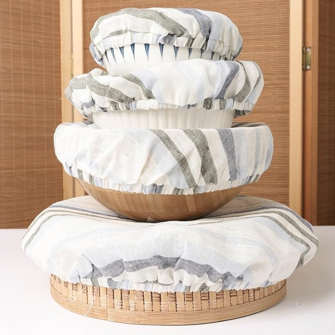 100% Linen Bowl Covers Reusable For Bread Proofing, 4 Pcs Elastic Cloth Fabric Colorful Stripe Bowl Covers, 5.9*7.9*9.8*11.8 Inches, Colorful 2