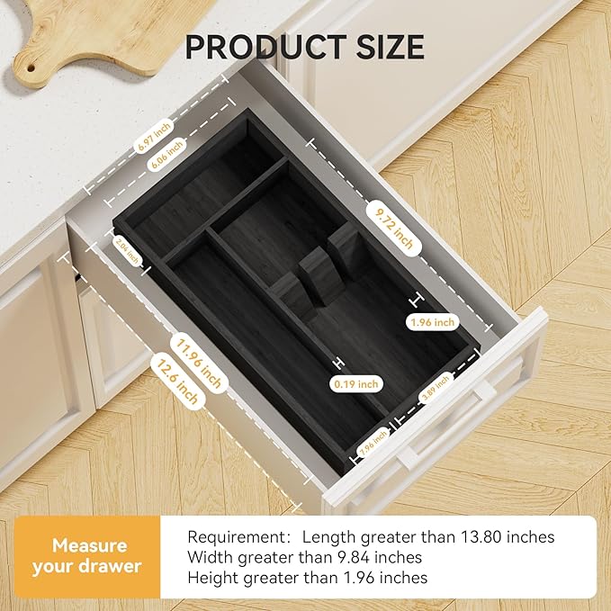 Yofidra Bamboo Silverware Organizer, 12.6 x 6.97 x 1.96 Inches Kitchen Utensil Drawer Organizer, Silverware Tray for Drawer with Fixed Slots for Spoons, Forks & Knives, Natural (Black)