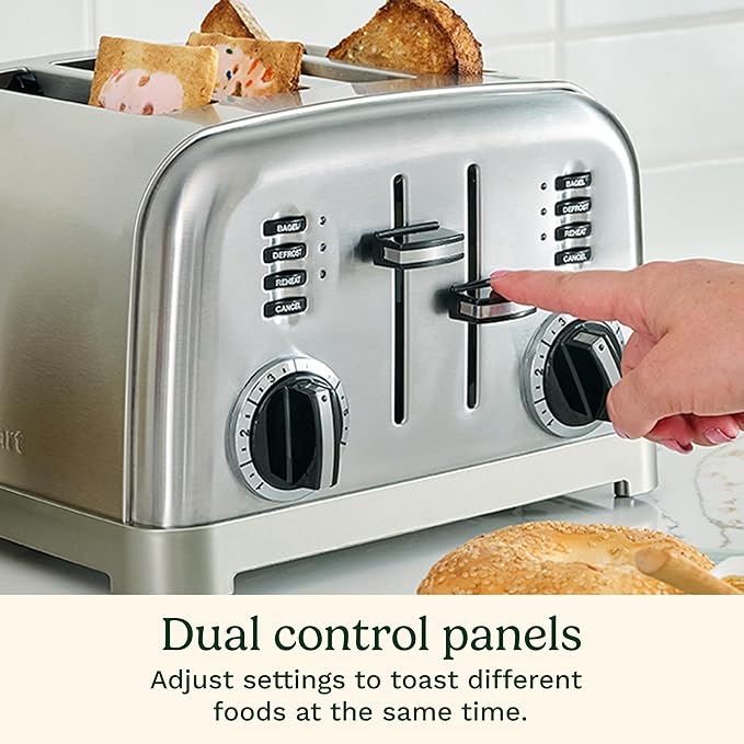 Cuisinart 4 Slice Compact Stainless Steel Toaster with Extra-Wide Slots for Bread, French Toast, Bagels & Pastries, Defrost & Reheat Functions, CPT-180P1, Brushed Stainless, Removable Crumb Tray