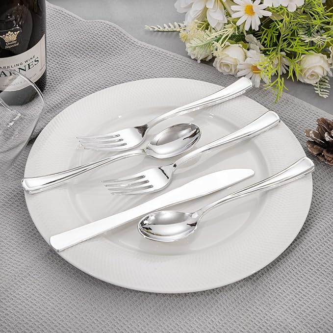 Liacere 100 Pack Silver Plastic Silverware-Pre Wrapped cutlery and Napkin-Pre Rolled Silverware Disposable 100 Forks, 100 Knives 100 Spoons, 100 Napkins Plastic Utensils＆Father's Day＆Independence Day