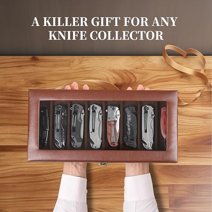 AUTOARK 3-Tier PU Leather & Velvet Knife Organizer with 26 Slots,Transparent Glass Top & Drawer,Compact Storage for Pocket Knives,Ideal for Men's Collections & Gifts,Coffee,MKAW013