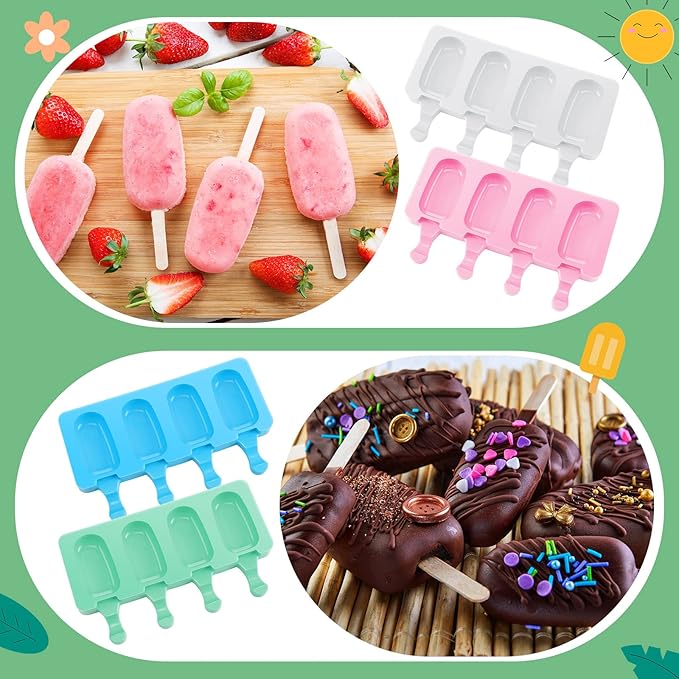 Irenare 12 Pcs Cakesicle Molds Silicone Small, 4 Cavities Cake Pop Mold Ice Pop Mold Ice Cream Molds Oval with 400 Wooden Sticks for DIY Cake