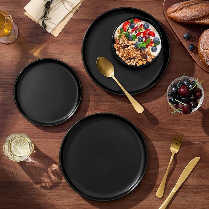 E-far 18-Piece Stoneware Plates and Bowls Sets, Dinnerware Sets for 6, Ceramic Dishware Dishes Set with Terracotta Base, Chip & Scratch Resistant, Microwave & Dishwasher Safe, Matte Black