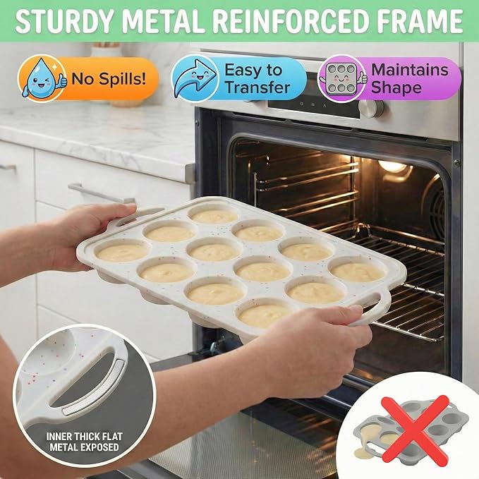 BAKE BOSS 1-Pack - Silicone Muffin Pan for Baking with Metal Reinforced Frame, 12 Cup Regular Size Cupcake Pan, BPA Free -Silicone Muffin Tray, Cupcake Baking Pan Molds for Oven Dishwasher Safe