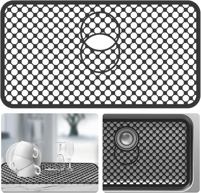 Sink Protectors for Kitchen Sink - Large 26.2"x 14" with Center Drain Hole Heat Resistant Easy Clean Non-slip Silicone Kitchens Sinks Mat for Bottom of Kitchen Sinks Stainless Steel(Black)-66.5x35.6CM