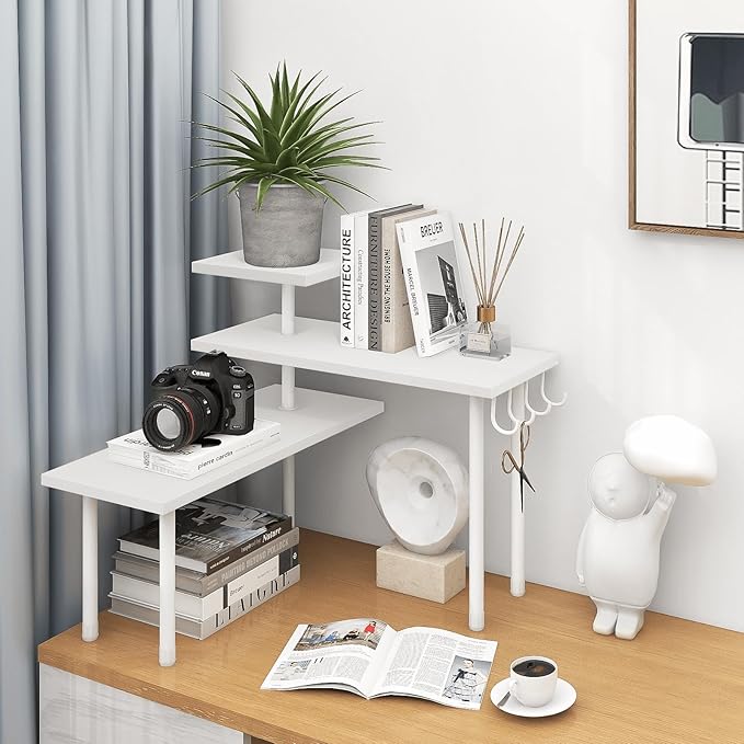 Homode Kitchen Countertop Organizer Corner Shelf, Bathroom Counter Organizers and Storage, 3 Tier Wood Shelf Organizer Space Saver for Make Up, Dresser Table, Desktop, White