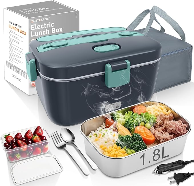 COZYEXPERT Electric-Lunch-Box-Heated-Food-Warmer 100W Heating Lunchbox for Adults 1.8L Portable Food Heater for Work/Car, 12V/24V/110-230V Lonchera Eléctrica Portátil with Fork Spoon (Gray+Green)