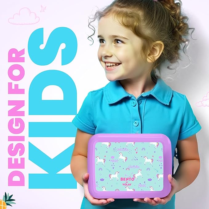 YOLAY Bento Box for Kids Lunch Box Leak-Proof, 5-Compartment Lunch Box Kids for Ages 3-10, Durable with Anti-Slip Base, Suitable for Schools, Outdoor and Travel (Unicorn)