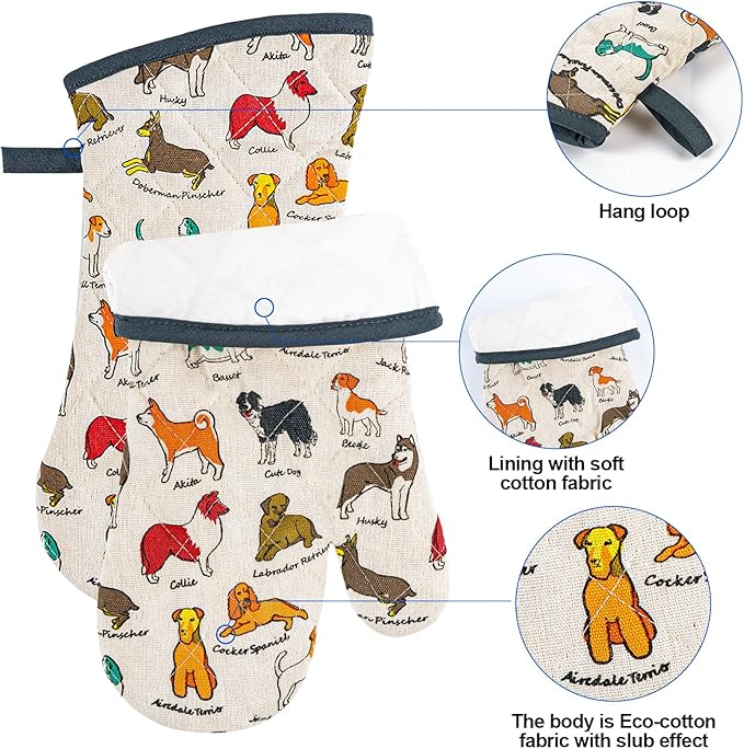 Alselo Oven Mitts and Pot Holders with Chef Apron,Set of 5 Heat Resistant Kitchen Gloves and Silicone Non-Slip Potholders Adjustable Neck Buckle Chef Apron, Cotton Nice Design for Cooking (Dog)