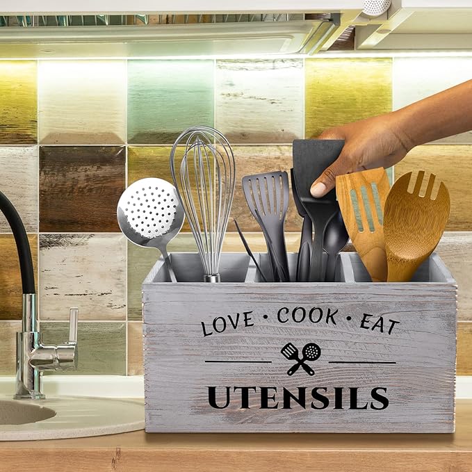 MINCORD Utensil Holder with 3 Compartments, Rustic Wood Utensil Caddy Crocks for Kitchen Counter, Farmhouse Flatware Organizer Storage Box for Silverware Fork Spoon Spatula