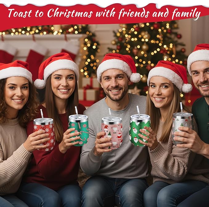 Sliner 6 Pack Pack Christmas Glitter Tumbler Bulk, 12 oz Holiday Wine Tumbler Set Stainless Steel Insulated Sparkling Glitter Cup with Lids Straws and Brushes Travel Mug Xmas Gift (Snowman Style)