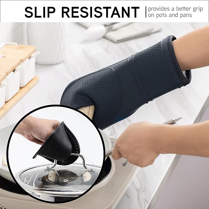 COOK WITH COLOR Silicone Oven Mitts- Heat Resistant Gloves with Soft Quilted Lining Oven Mitt Pot Holders for Cooking and BBQ, Black, Mitt Set